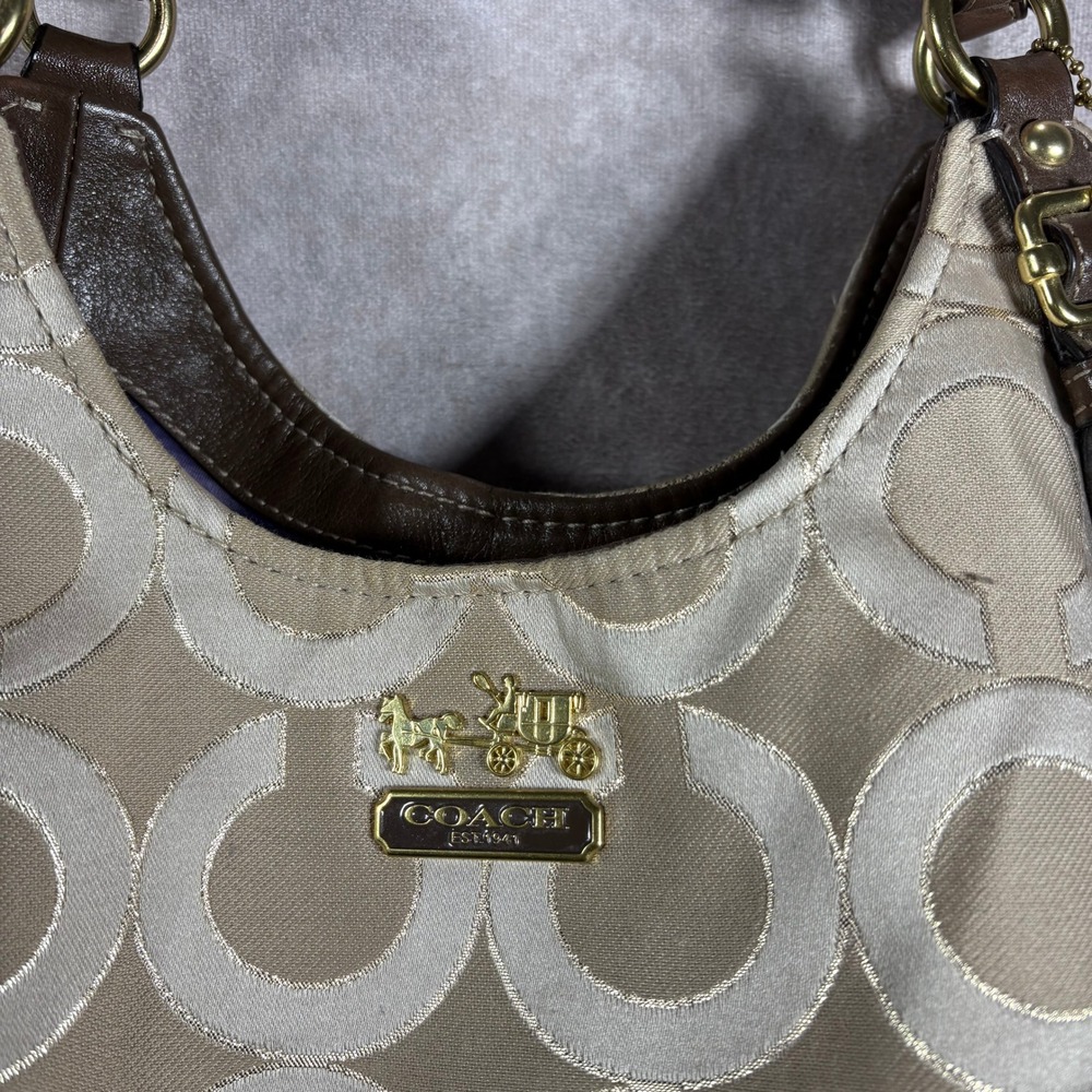 Coach Hobo Womens Medium Beige Signature Optic Art Jacquard Leather Trim Bag - Picture 2 of 16